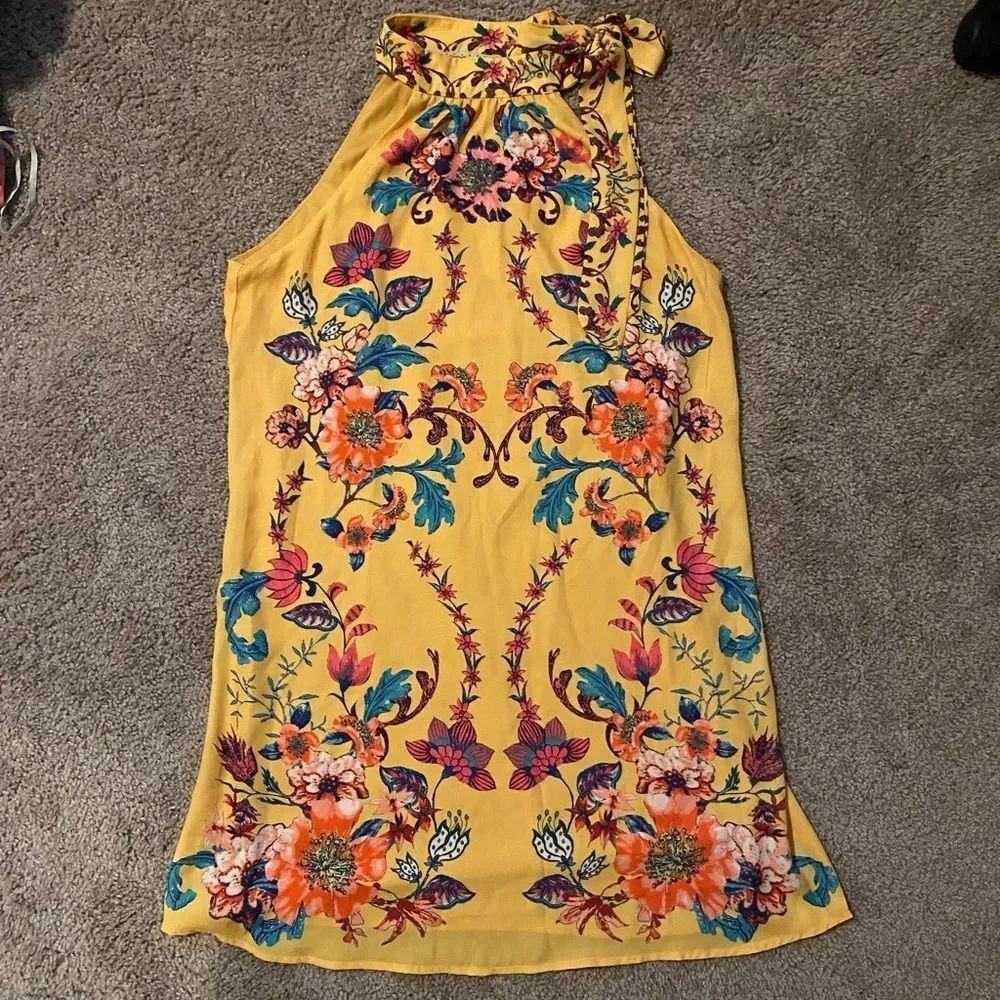 Flying Tomato Boho Floral Halter Neck Mini Dress Mustard Yellow Symmetrical Med